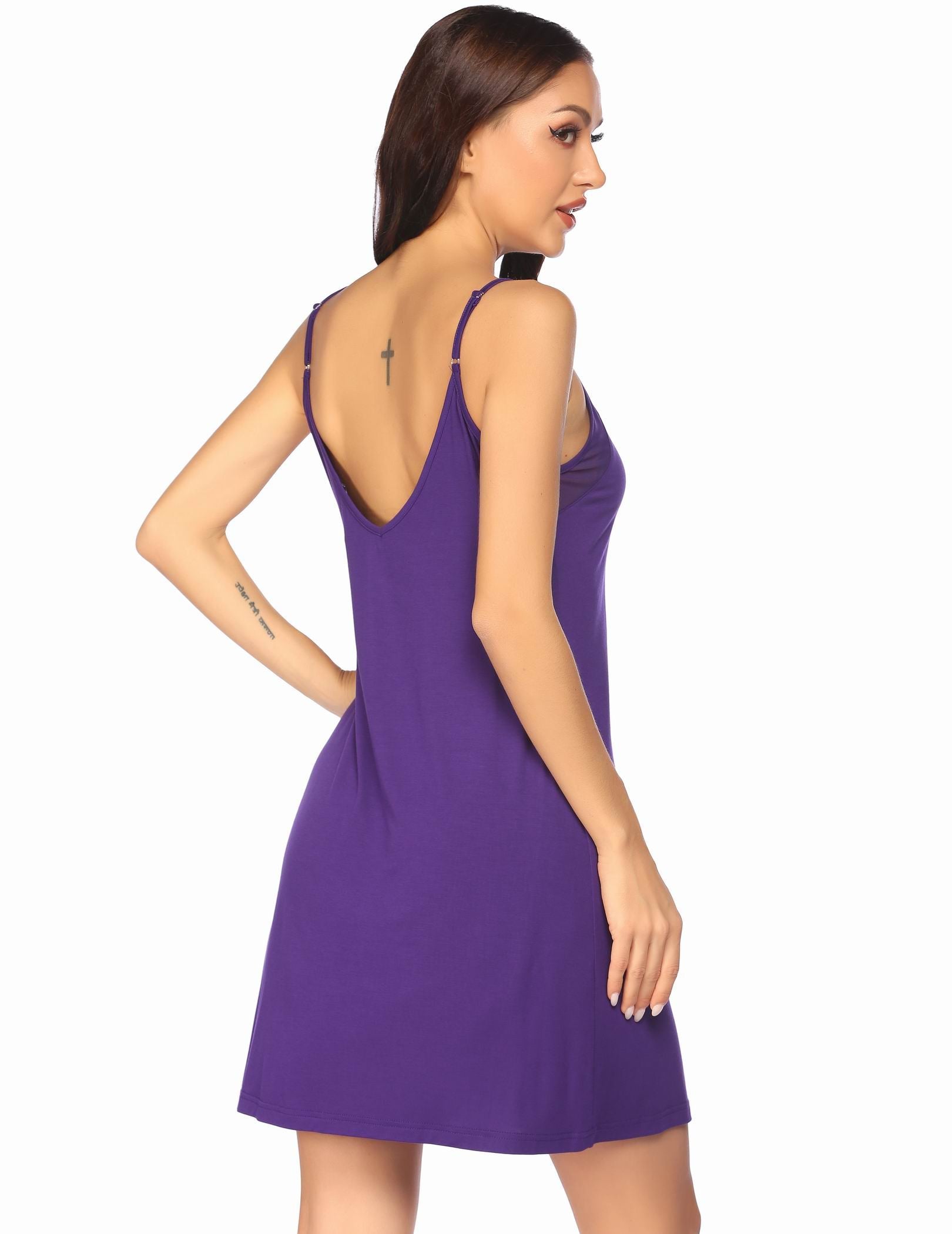 Purple sleeveless V-neck nightdress with lace-trimmed neckline