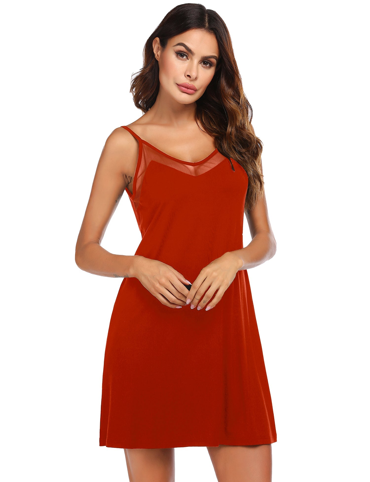 Front view of red sleeveless V-neck lace sleepwear with adjustable straps