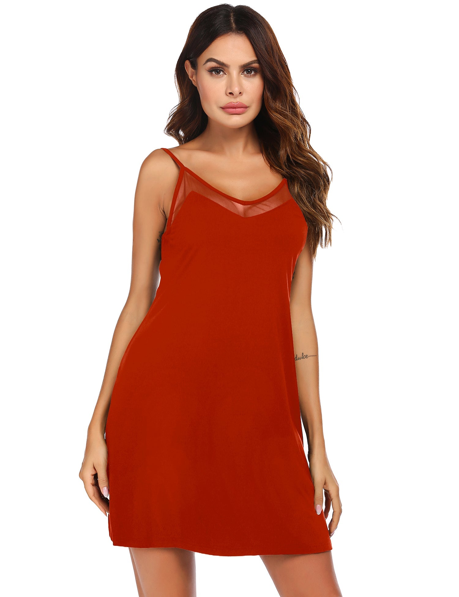 Red sleeveless V-neck nightdress with mesh lace overlay at neckline