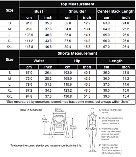 Size chart for sleeveless loungewear top and shorts, bust and shorts measurements cm/in