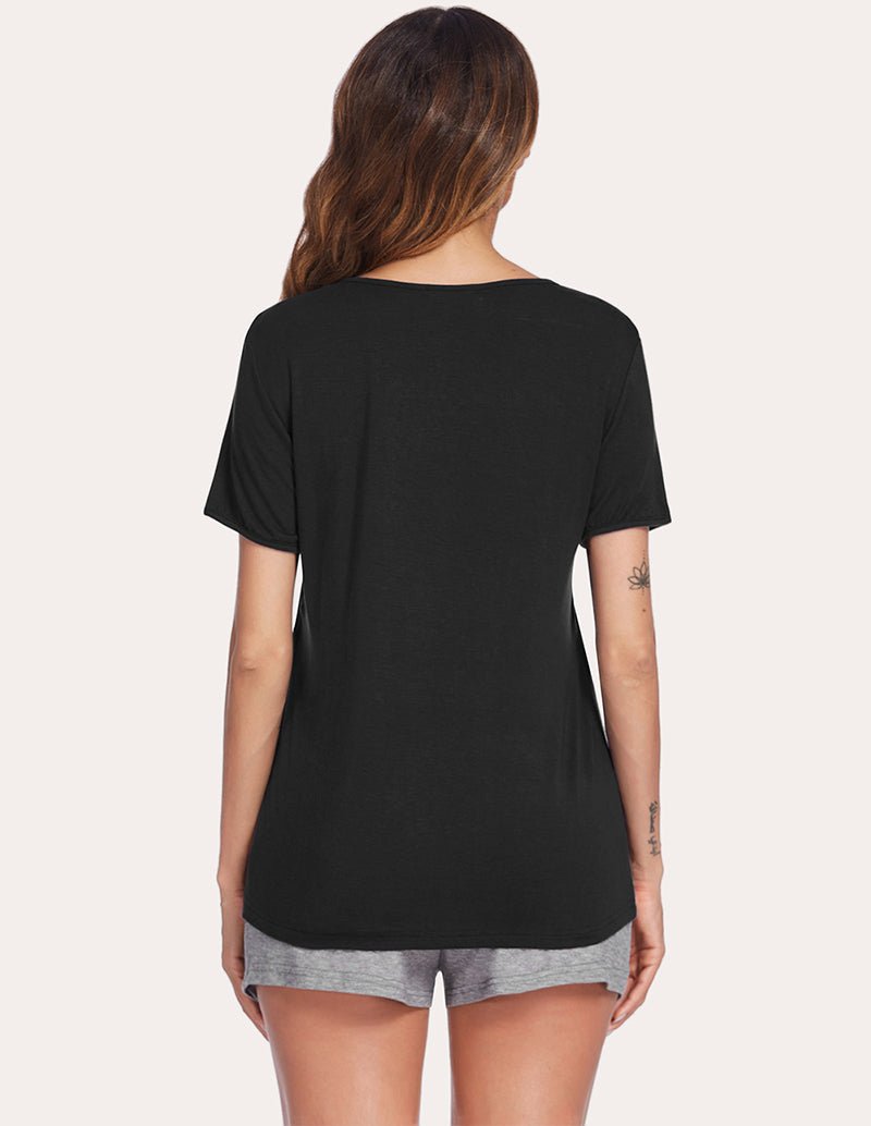 Black nursing pajama top with gray drawstring shorts, back view