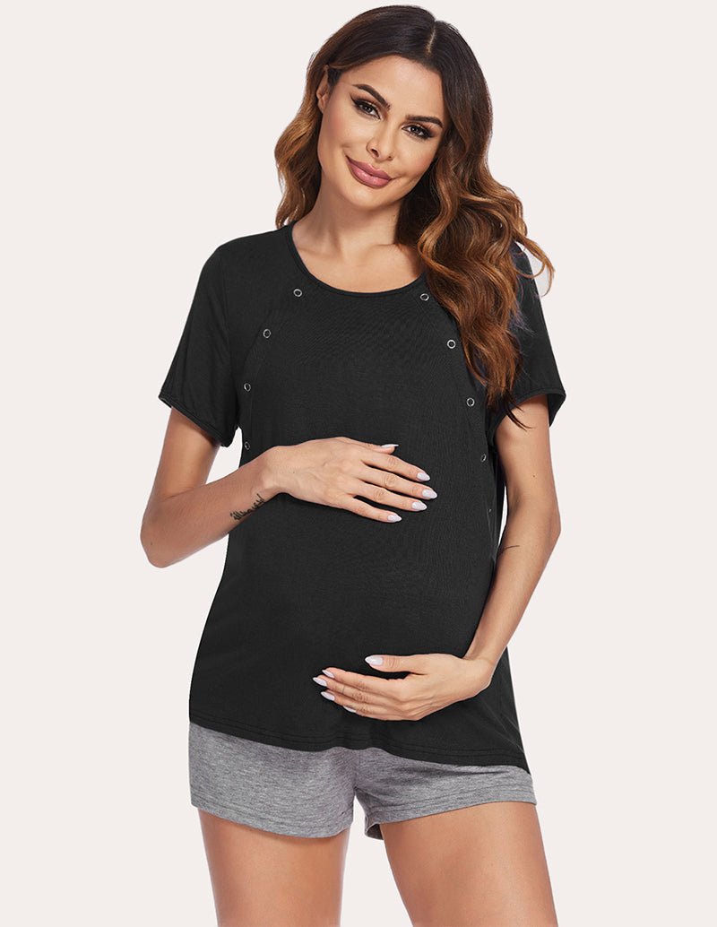 Black nursing pajama top with button front and gray drawstring shorts, front view