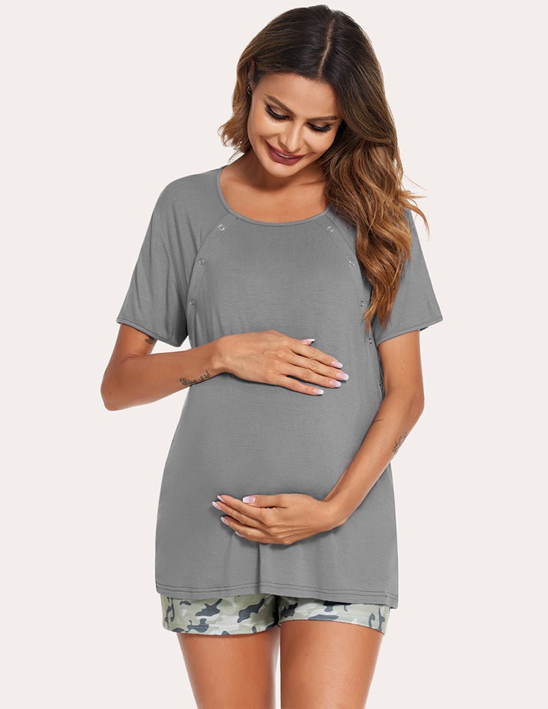 Grey nursing pajama top and camo sleep shorts, front view