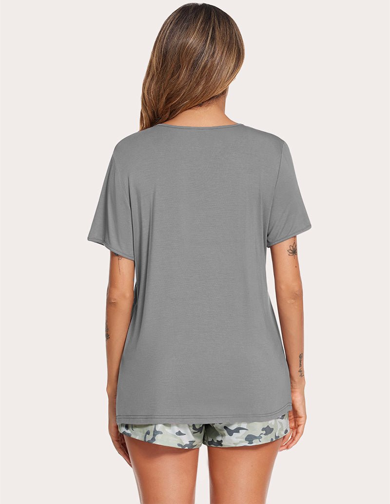 Back view grey nursing pajama top with short sleeves and camo sleep shorts