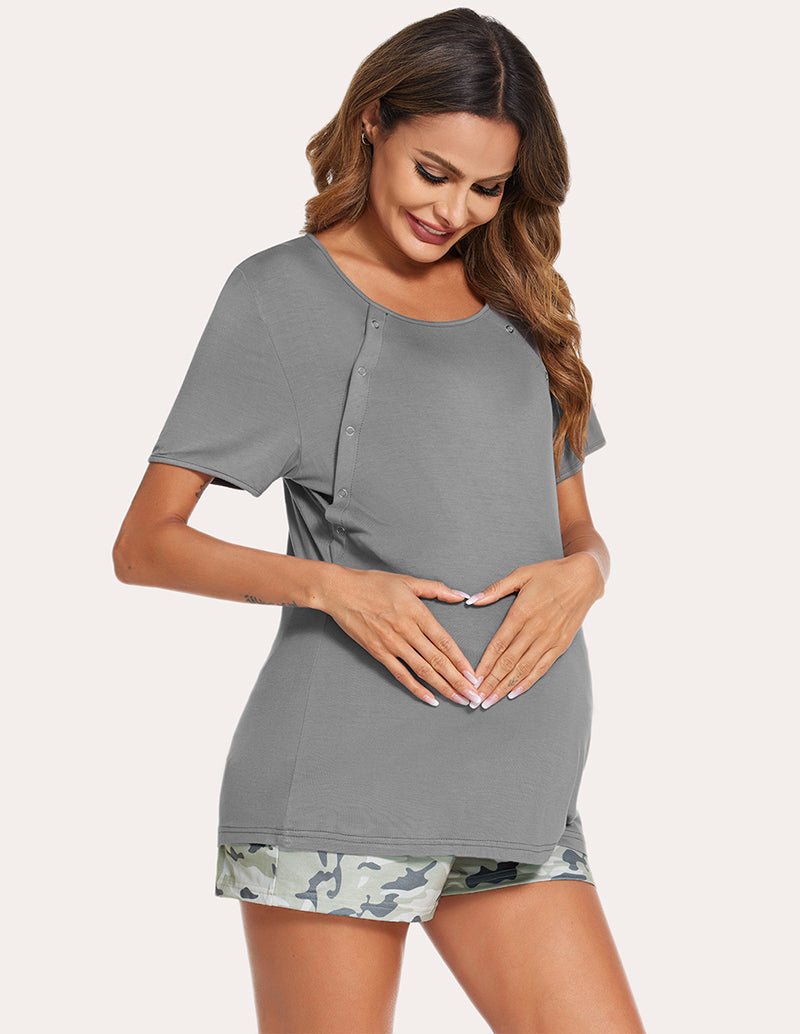 Grey henley-style nursing pajama top with camo sleep shorts, front button closure