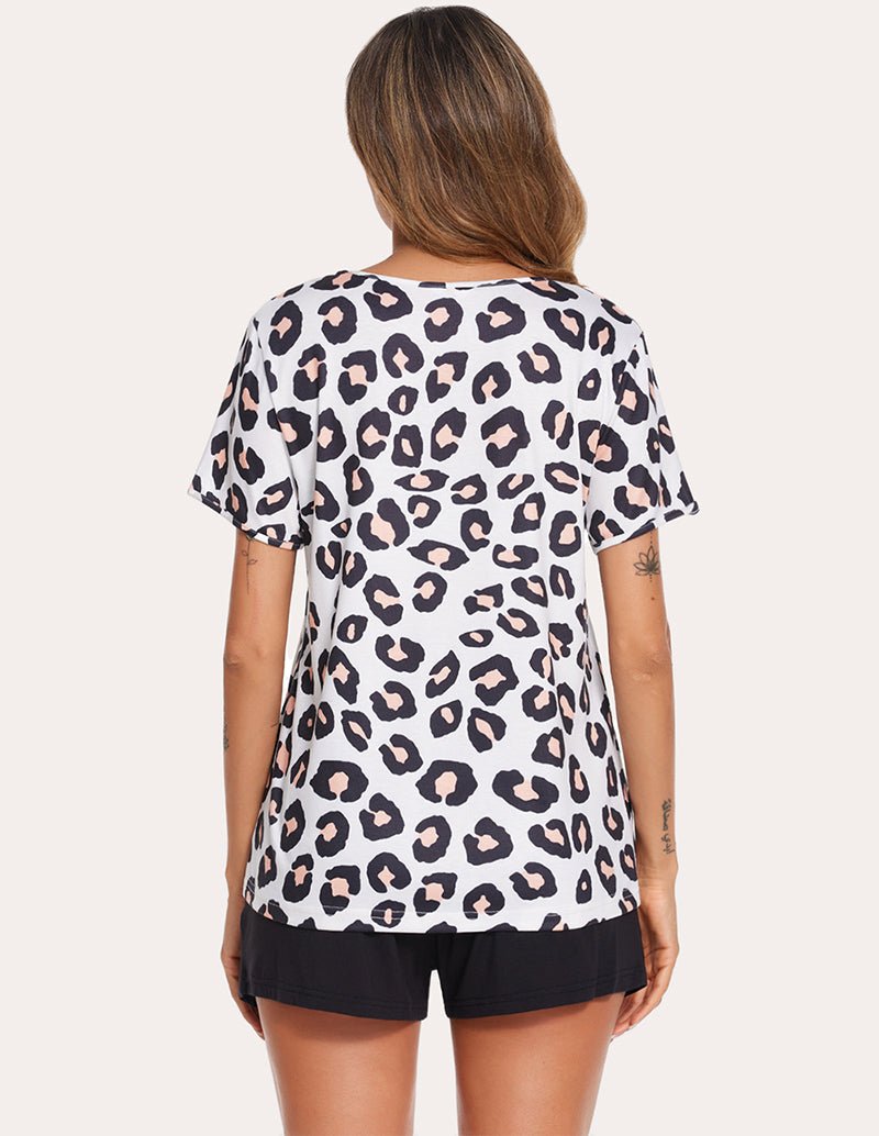 Back view leopard-print nursing pajama top with short sleeves and black sleep shorts