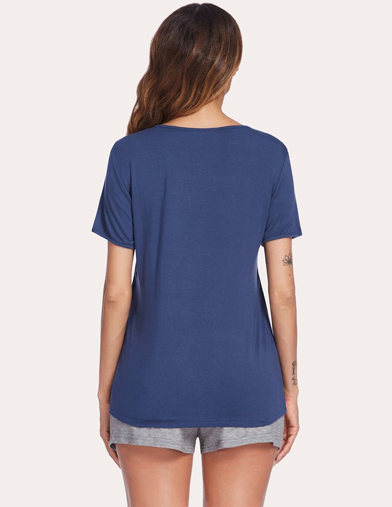 Blue nursing pajama top with gray drawstring shorts, back view