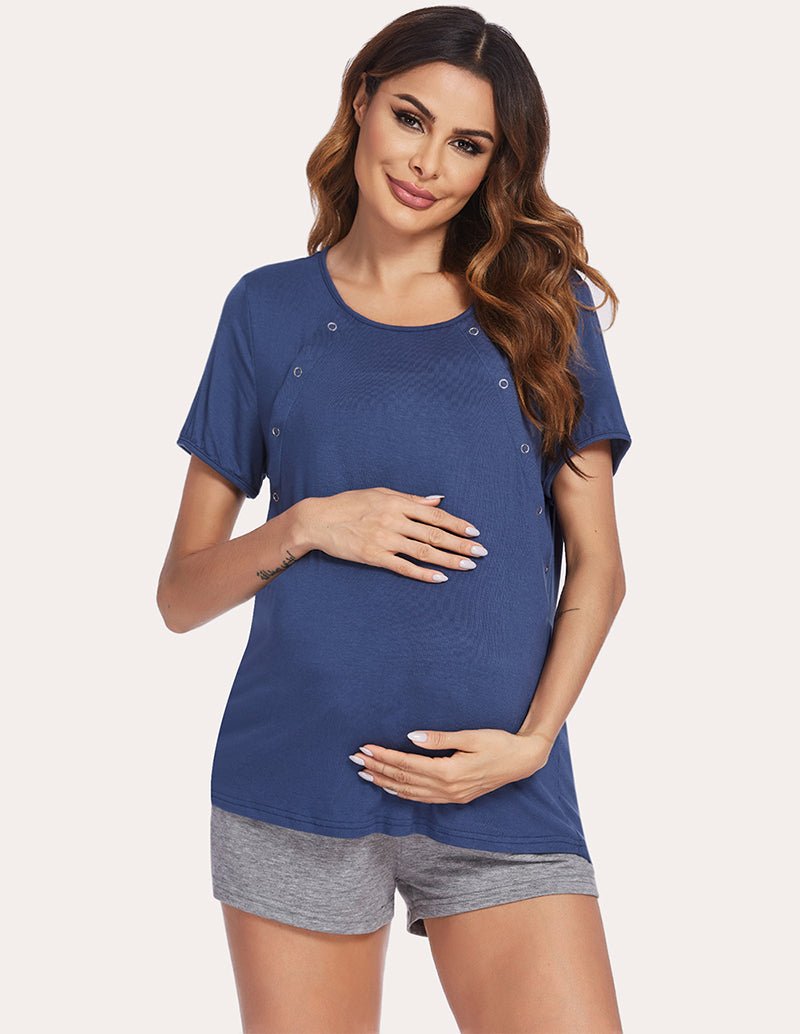 Blue nursing pajama top with button front and gray drawstring shorts, front view