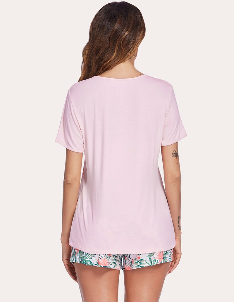 Soft pink nursing pajama top and tropical leaf print shorts, back view