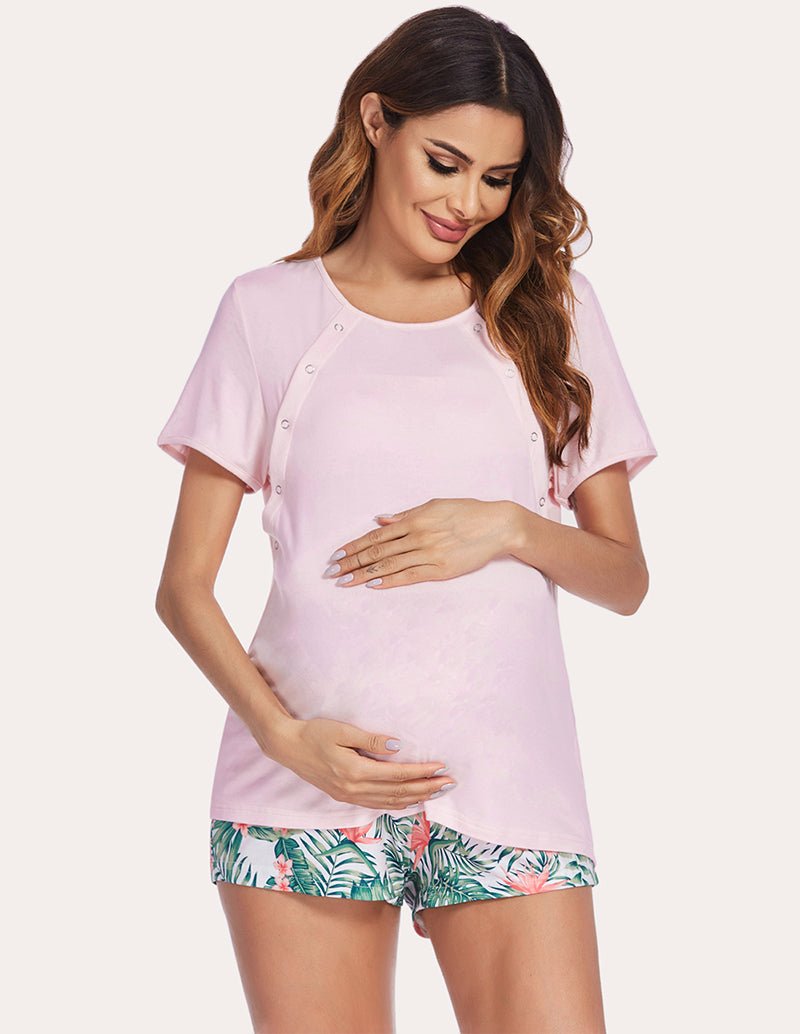 Soft pink nursing pajama top and tropical leaf print drawstring shorts
