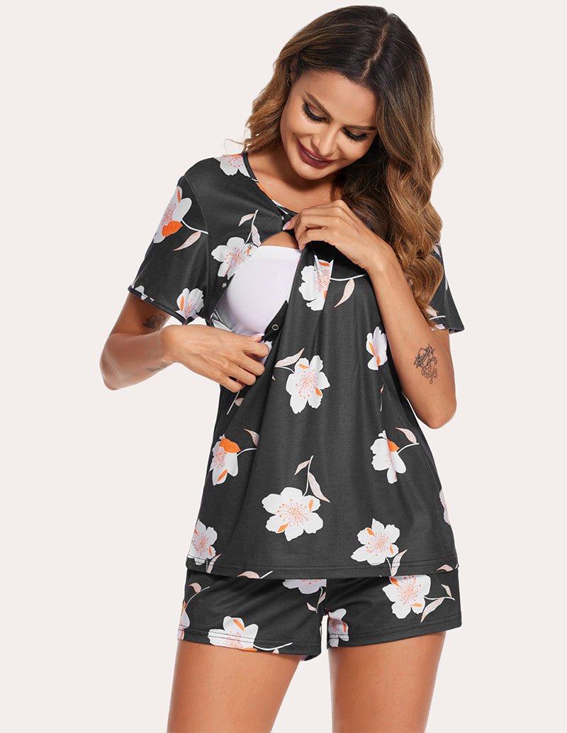Black nursing pajama set with floral print top and matching shorts, front view