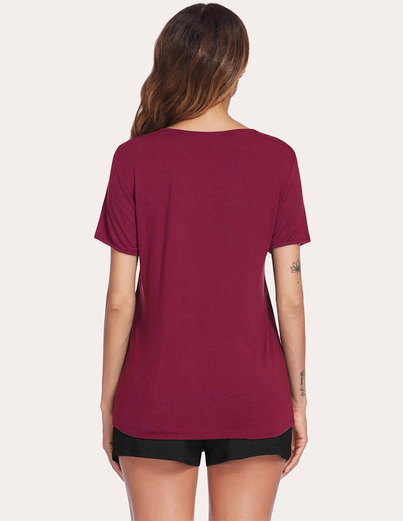 Wine red nursing pajama set, short-sleeve top and black shorts, back view