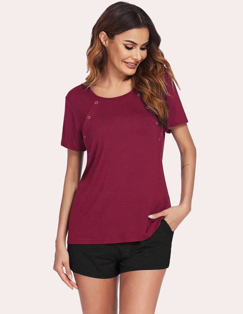 Wine red short-sleeve nursing pajama top with button placket and black shorts