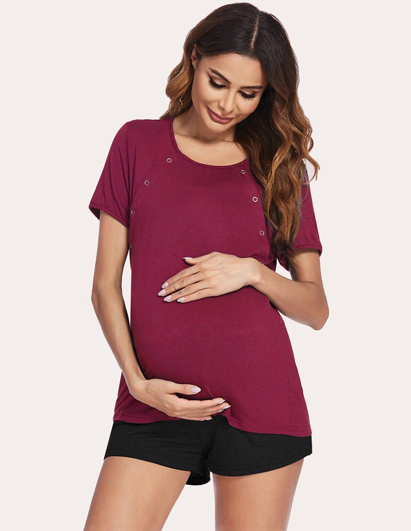 Wine red nursing pajama set with button detail top and black drawstring shorts
