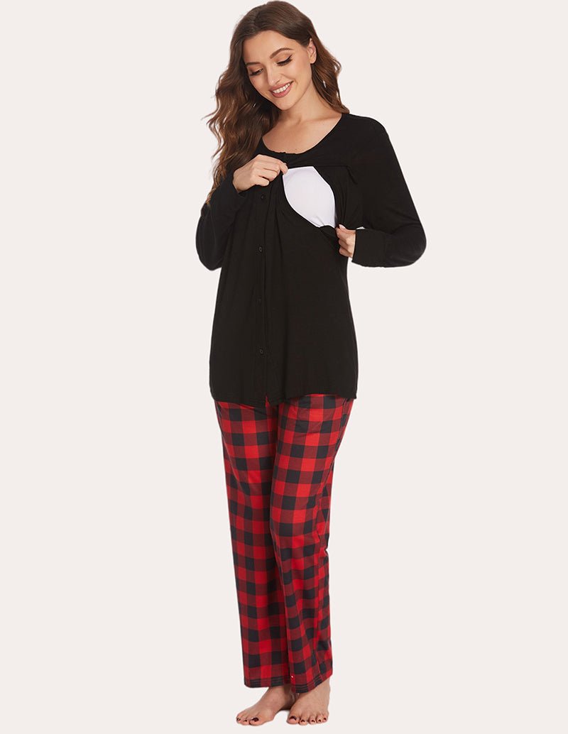 Black nursing pajama top with open breast panel and red-and-black plaid pants set