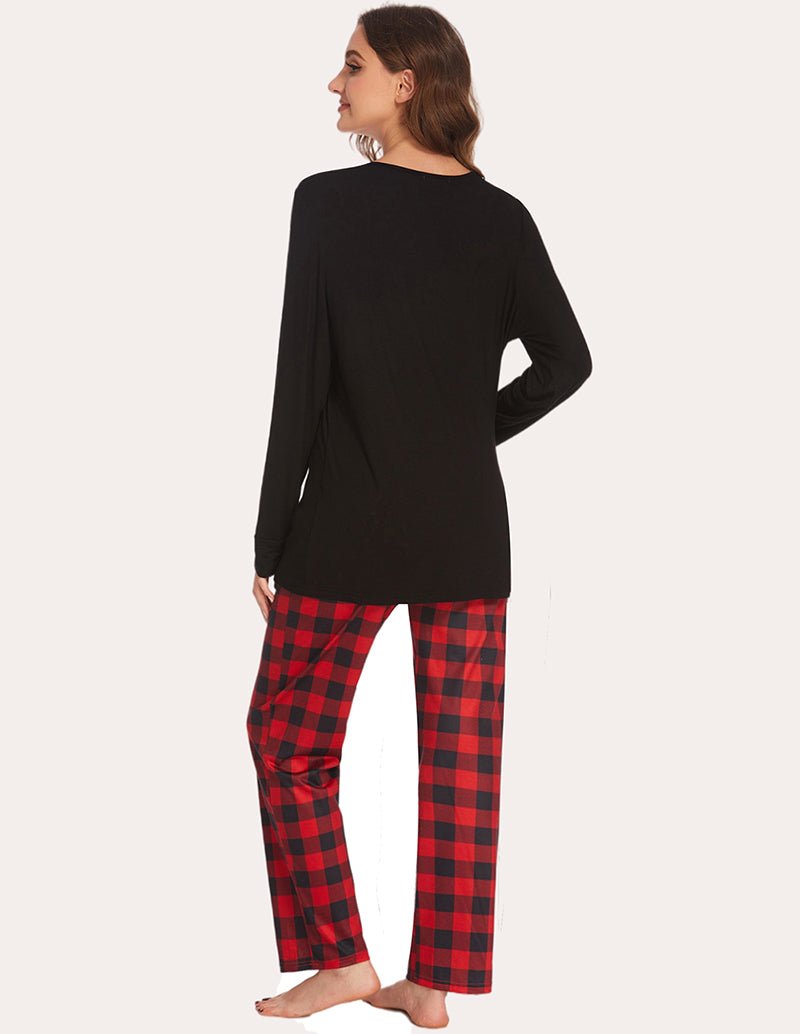 Back view: black nursing pajama top and red-black plaid drawstring pants, long sleeves