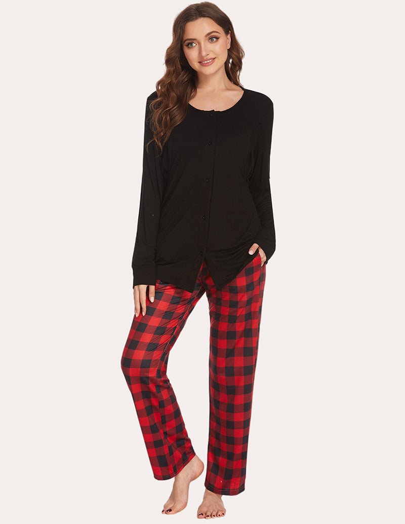 Black nursing pajama top with buttons and red plaid pants, long sleeves
