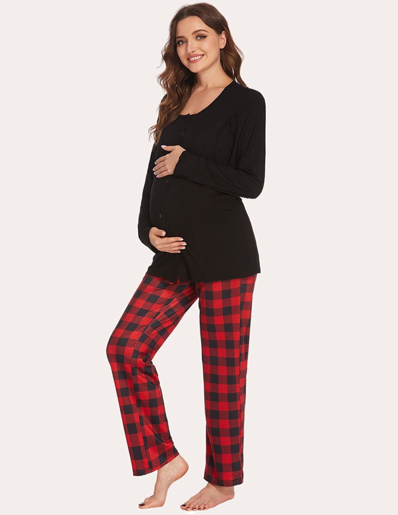 Black long-sleeve breastfeeding pajama top and red-and-black plaid pants, side view