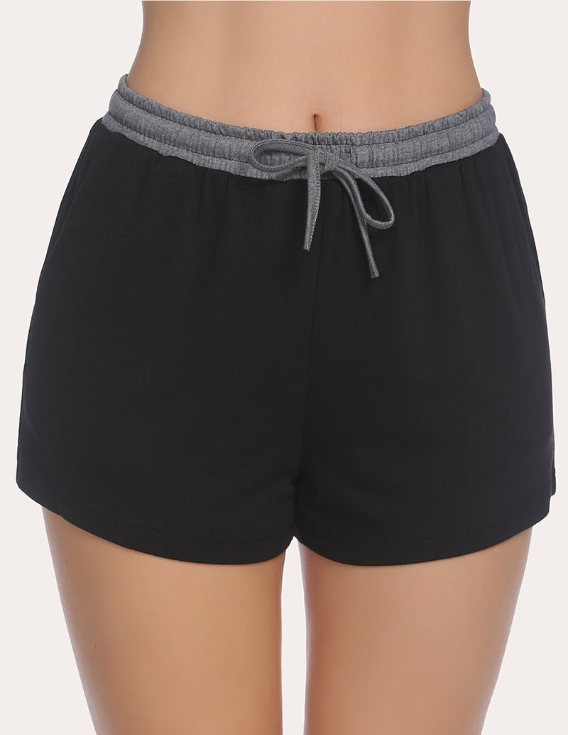 Black pajama shorts with gray drawstring waistband, front view