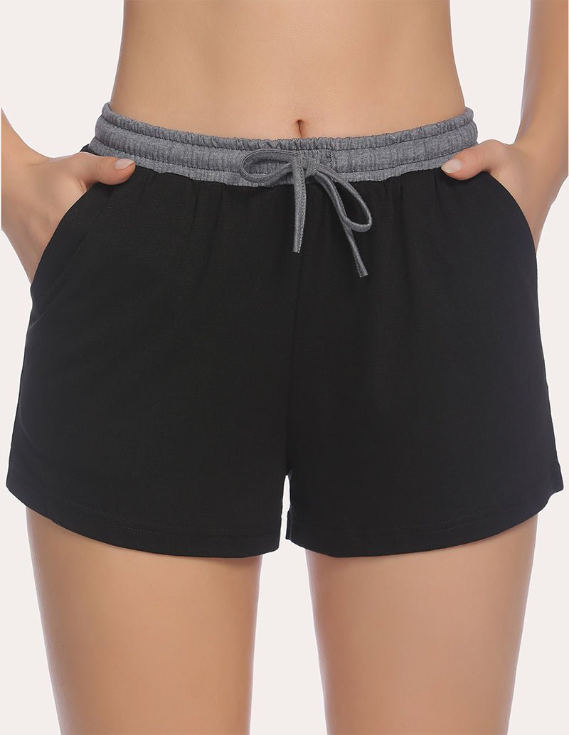 Ekouaer pajama shorts, black with gray elastic waistband and drawstring tie