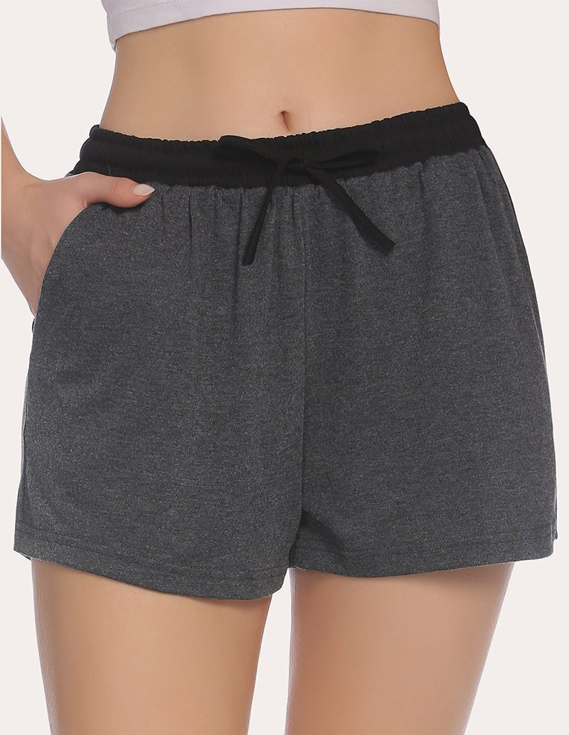 Dark heather gray pajama shorts with black waistband and drawstring tie, front view