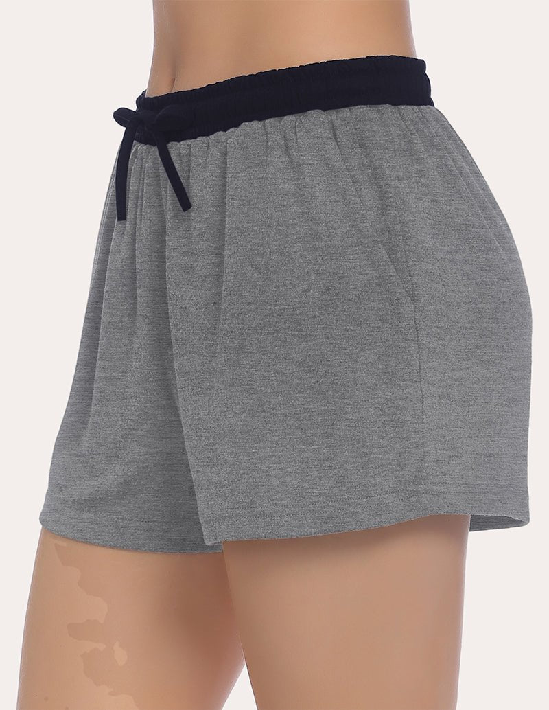 Heather grey pajama shorts with elastic waistband and black drawstring