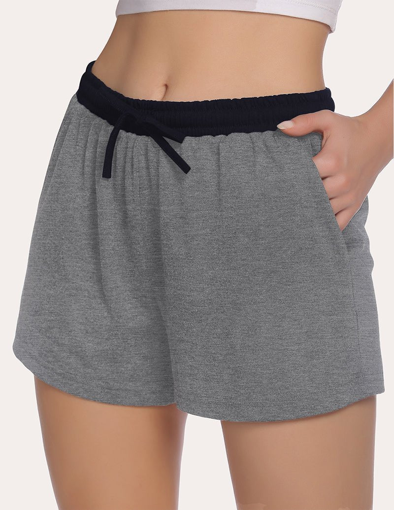 Heather grey pajama shorts with elastic waistband and front drawstring detail