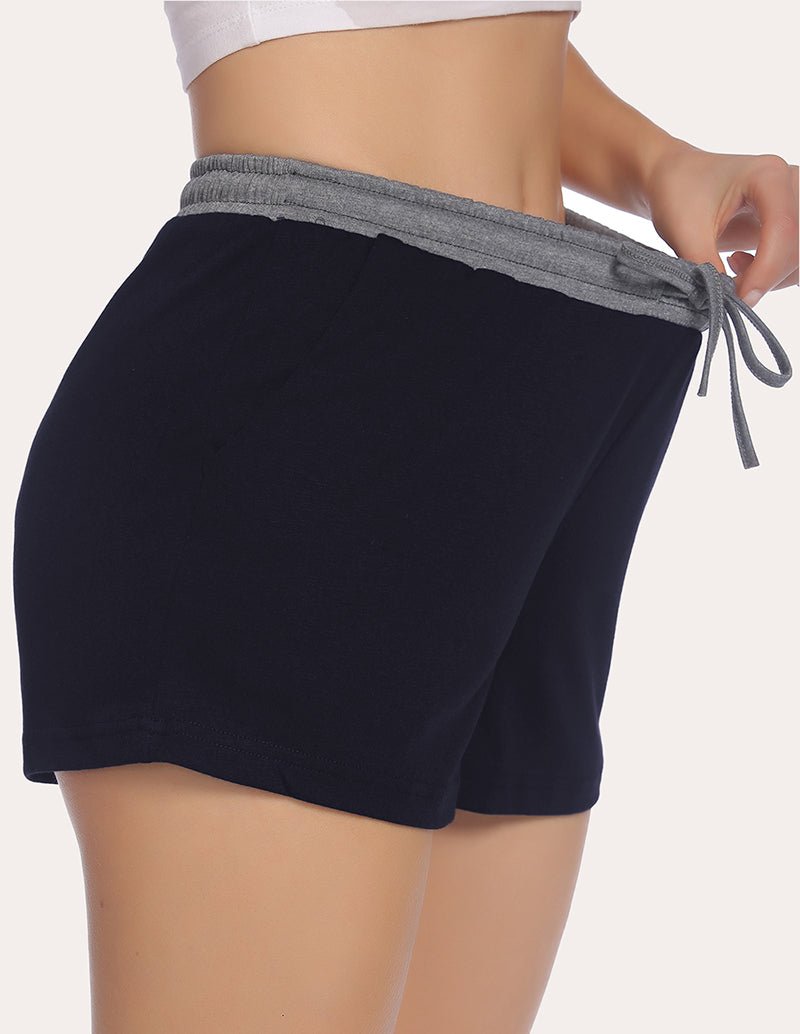 Dark navy pajama shorts with elastic waistband and front drawstring detail