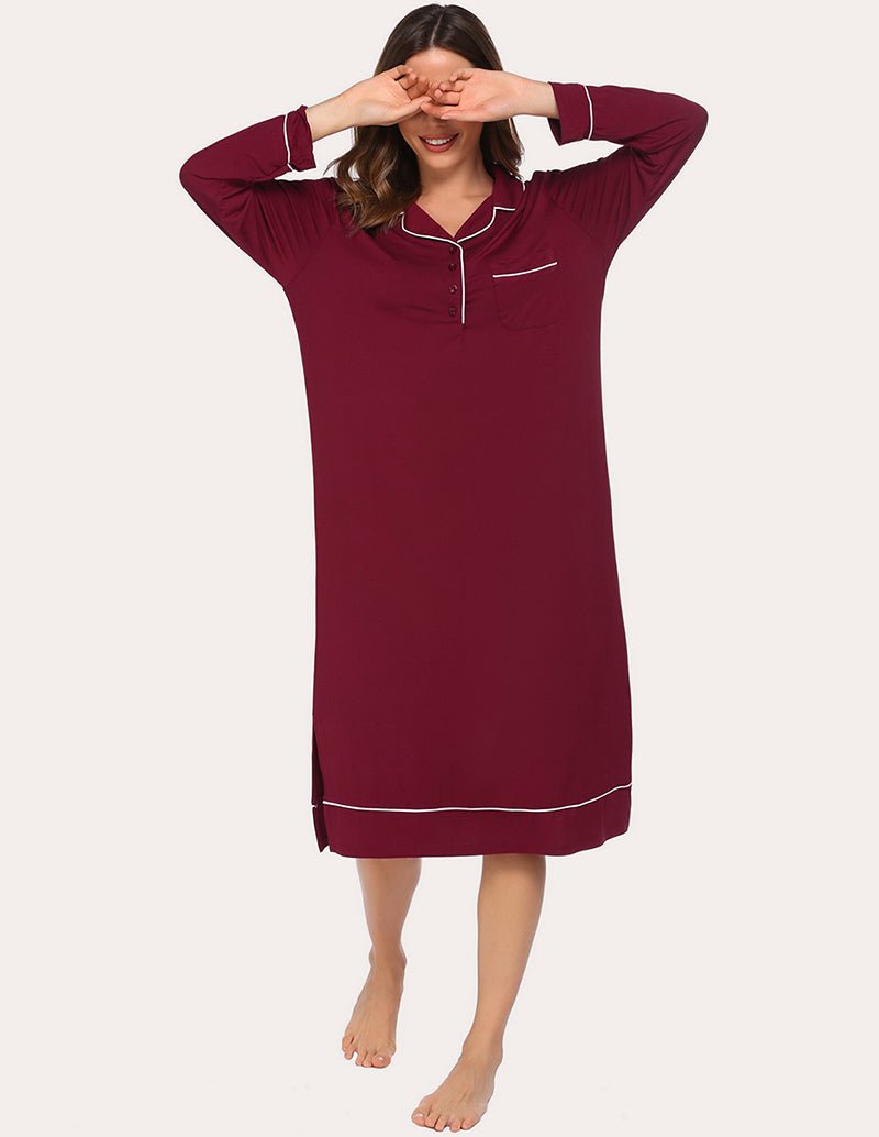 Wine red soft pajama dress with contrast piping along zipper and pocket seams