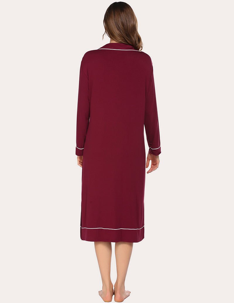 Wine red soft pajama dress, back view with contrast-trim cuffs and hem