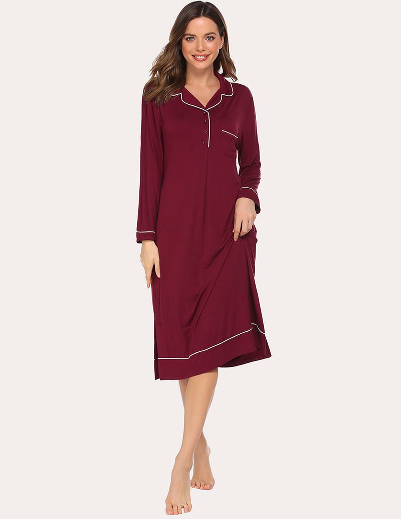 Wine red soft pajama dress with button placket and contrast trim, long sleeves