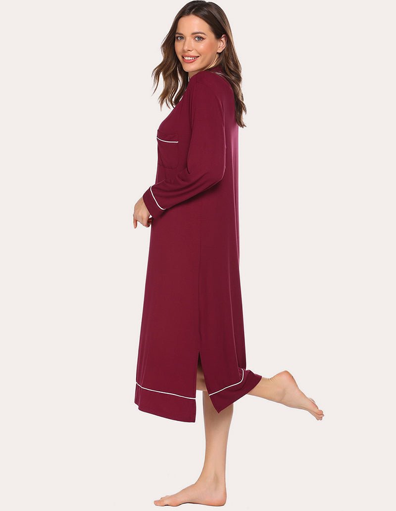 Wine red soft pajama dress with side-slit hem and contrast trim, long sleeves