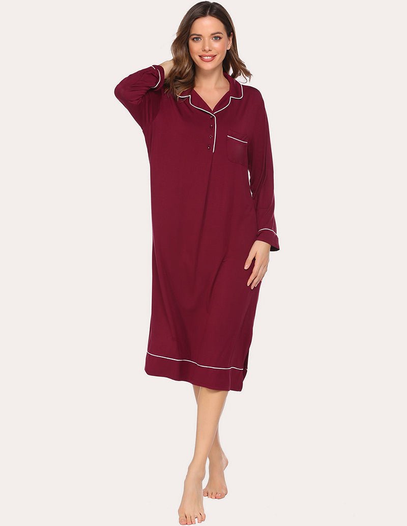 Wine red soft pajama dress with collar, front placket, and contrast-trim hem, long sleeves