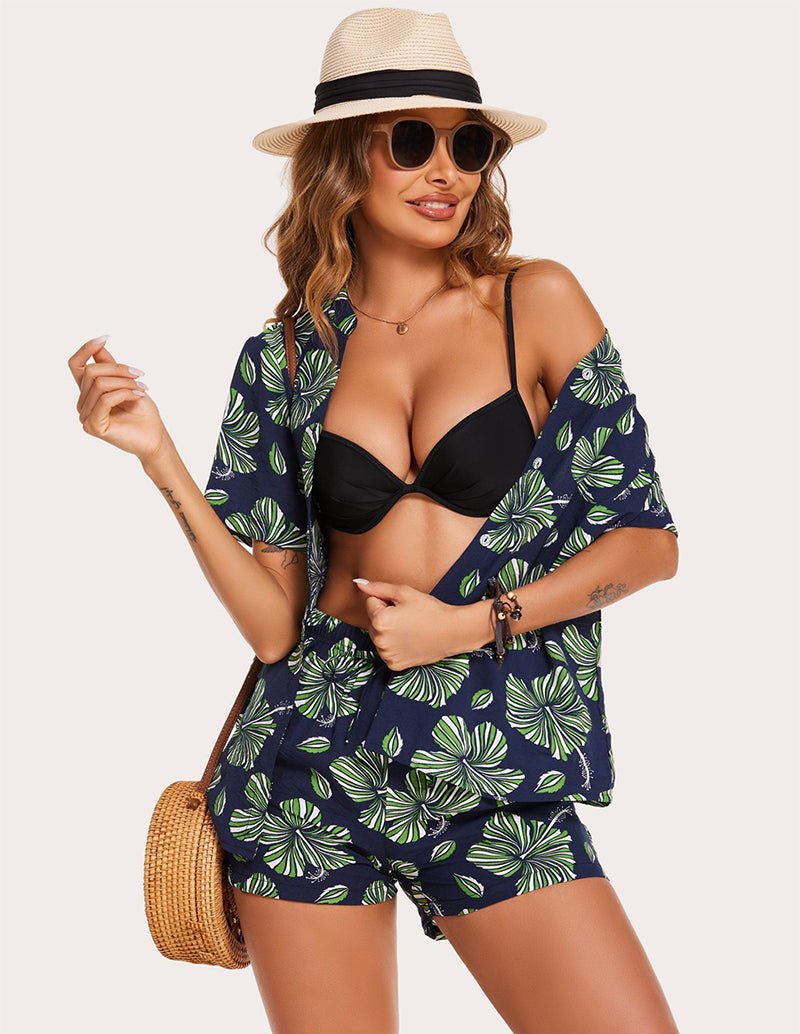 Navy leaf-print pajama set with button V-neck top and matching shorts