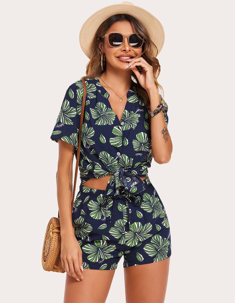 Navy leaf-print pajama shorts set with front-tie top and elastic waist shorts