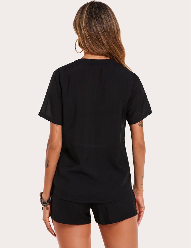 Black back view: short-sleeve button pajama top and matching shorts