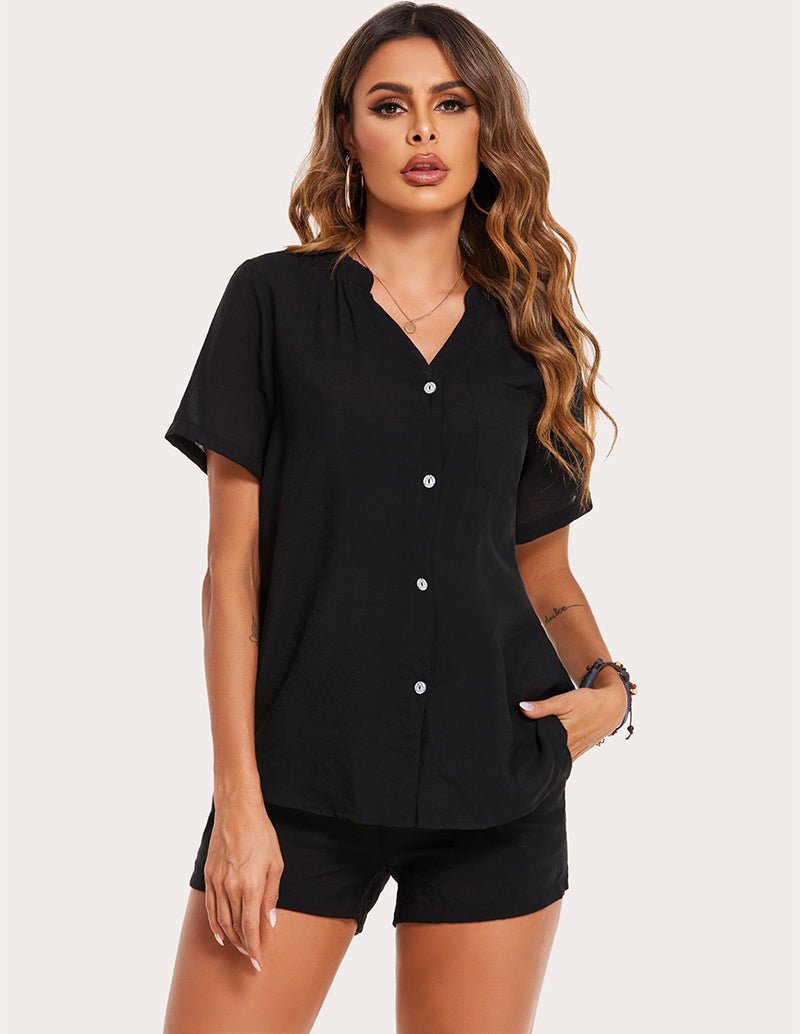 Black button-front pajama shirt and matching shorts set, short sleeves, casual fit