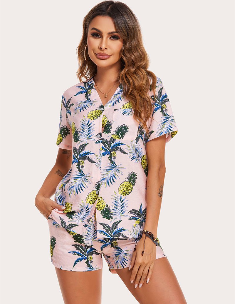Softes Pyjama-Set mit V-Ausschnitt, rosafarbener Basis und Ananas-/Tropenblattdruck