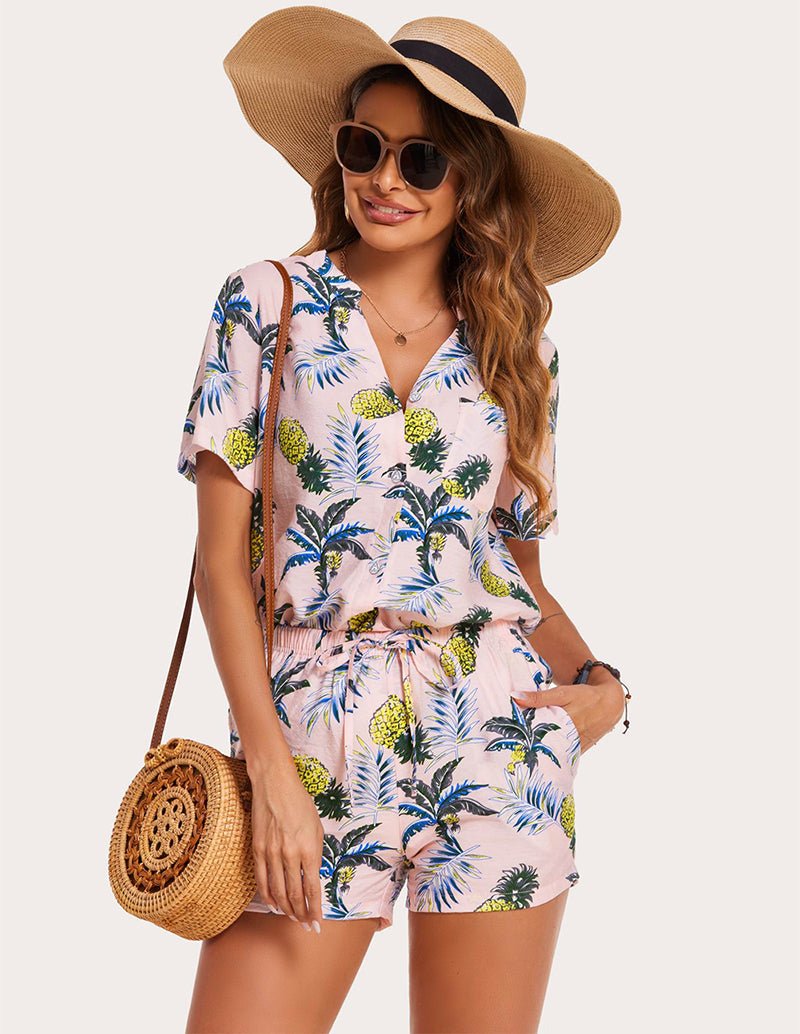Pyjama-Set: kurzärmeliges Oberteil und Shorts, rosa mit Ananas-/Blattprint