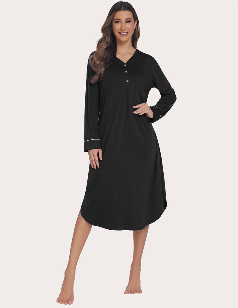 Black soft ribbed knit nightgown, V-neck buttons, knee-length, long sleeves.
