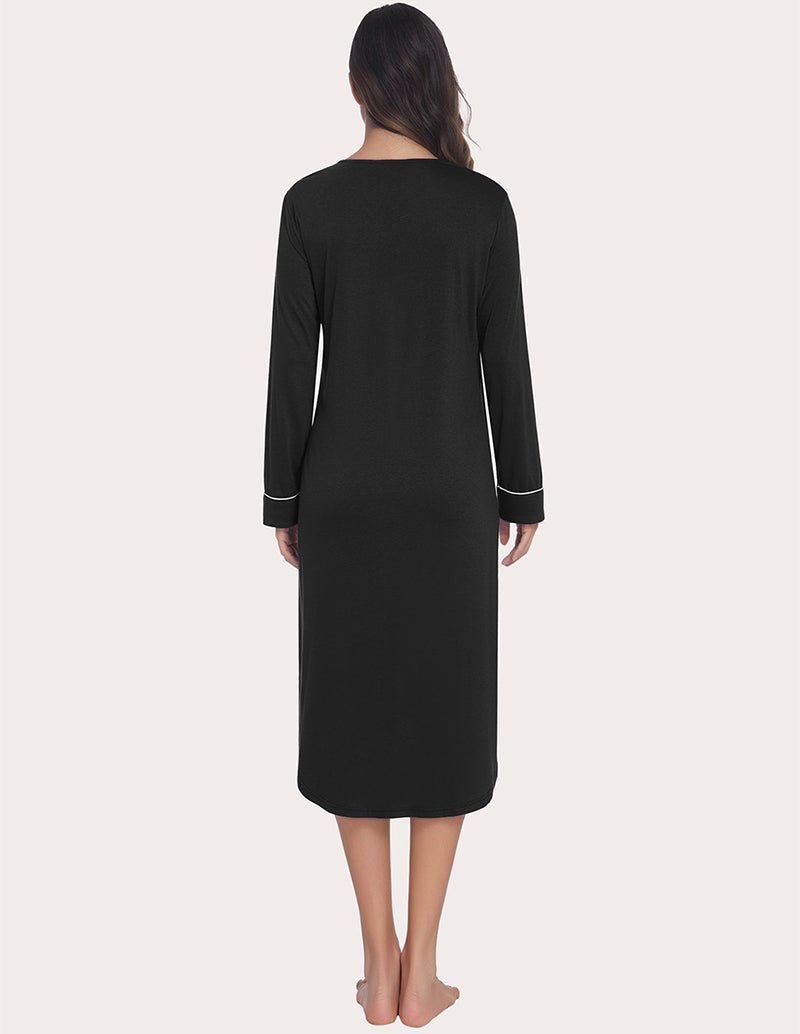 Soft ribbed knit nightgown, black, back view, long sleeves with contrast cuffs