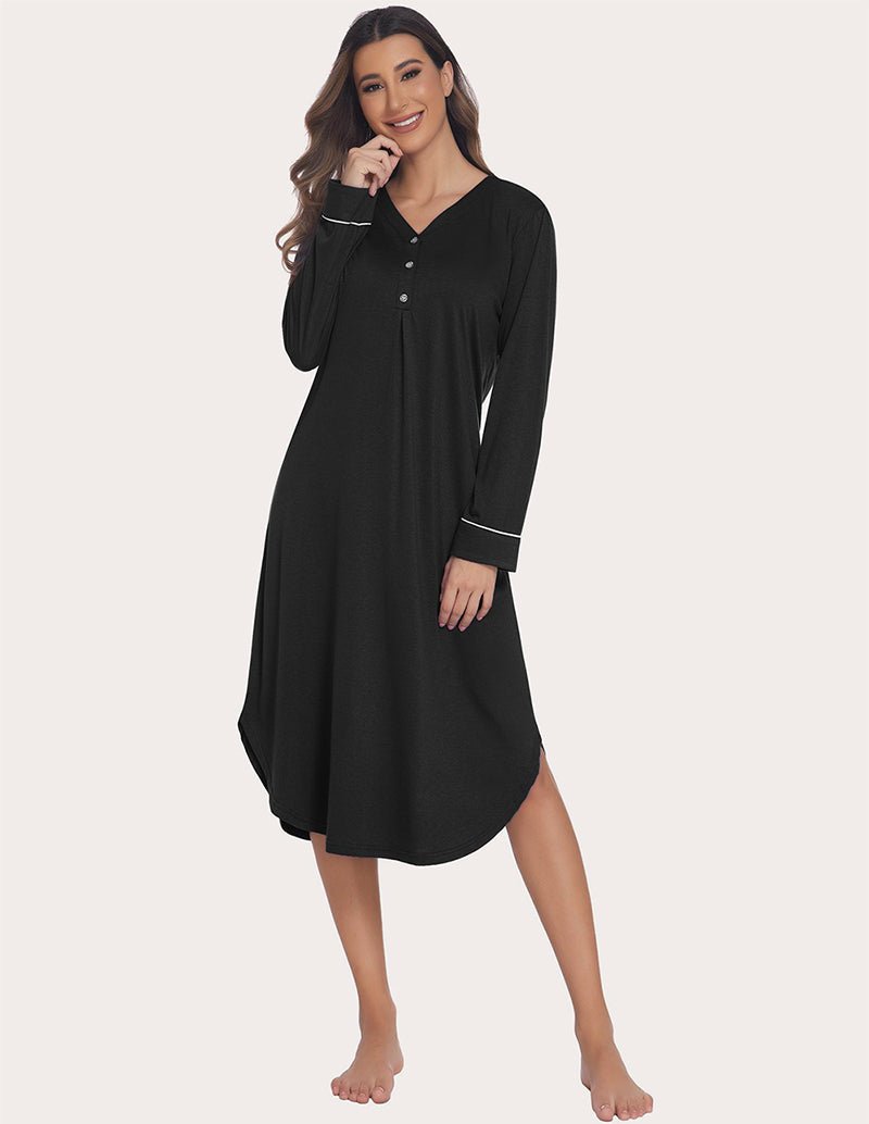 Soft ribbed knit nightgown, black, V-neck with button placket, long sleeves