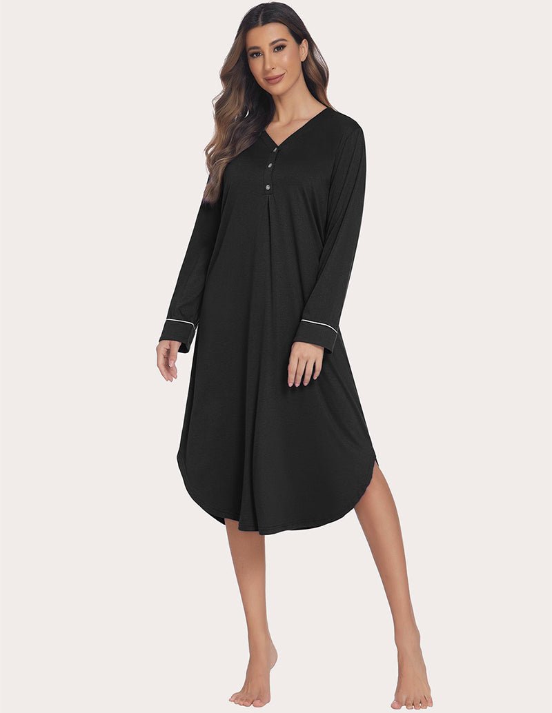 Black soft ribbed knit nightgown with V-neck buttons and cuff trim, relaxed fit.
