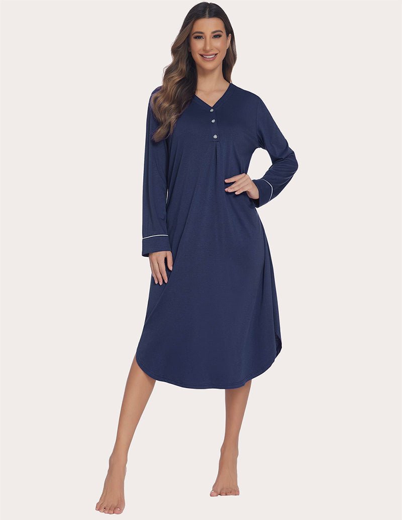 Soft ribbed knit nightgown, navy blue, front view with buttoned V-neck
