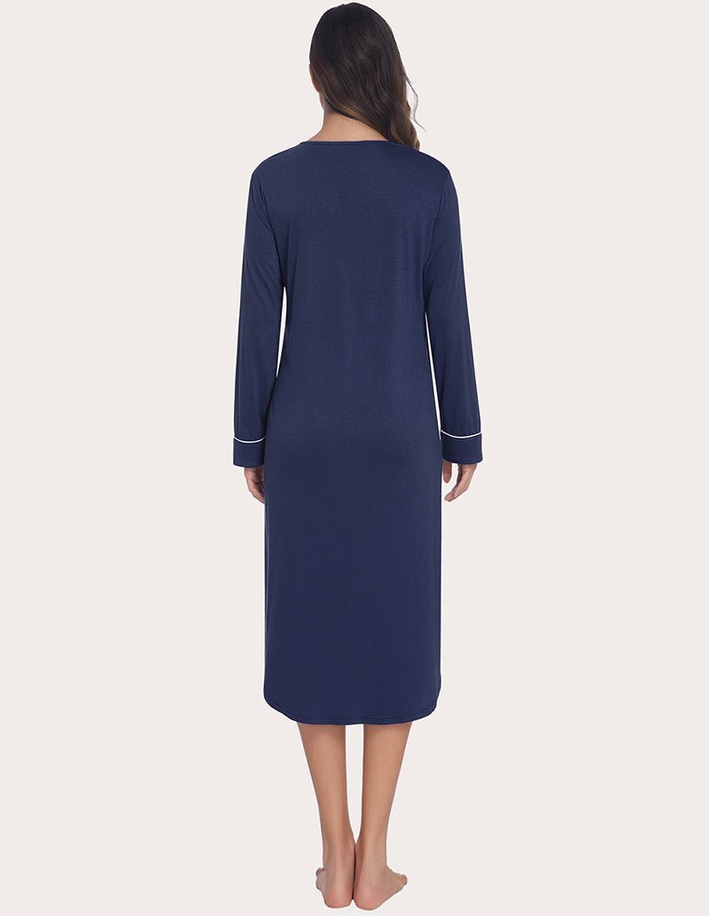 Soft ribbed knit nightgown, navy blue, back view with long sleeves and trim
