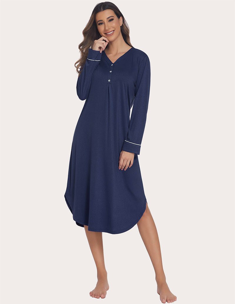 Soft ribbed knit nightgown, navy blue, long sleeves with buttoned V-neck