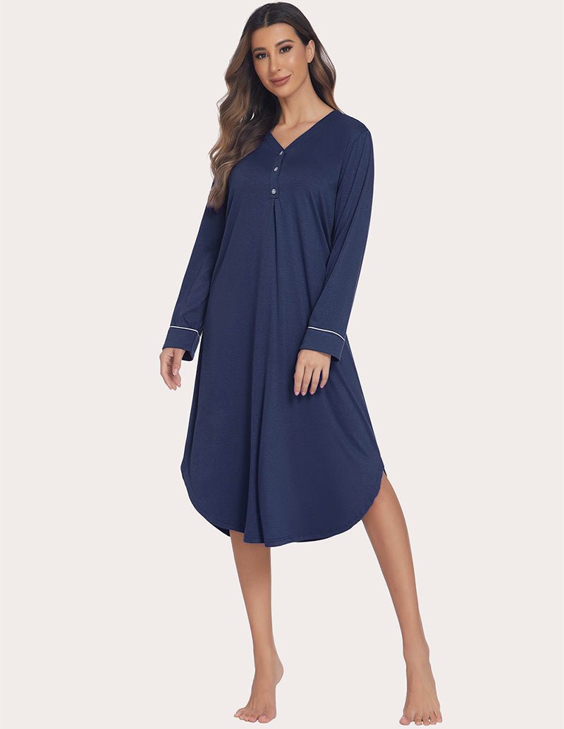 Soft ribbed knit nightgown, navy blue, knee-length style with button-front V-neck
