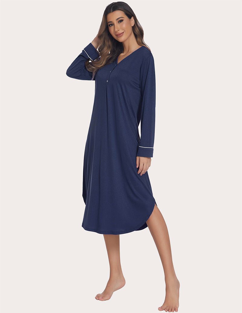 Soft ribbed knit nightgown, navy blue, long sleeve with side slit and button V-neck