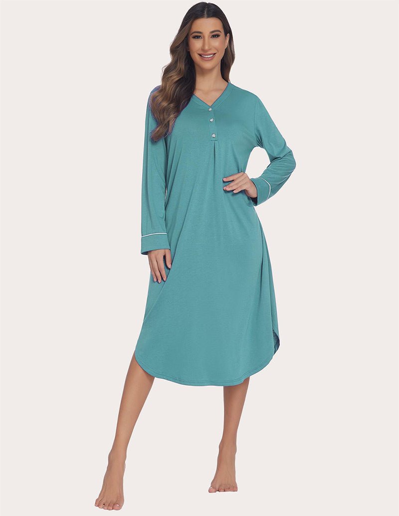 Soft ribbed knit nightgown, teal, front view with button-front V-neck and long sleeves