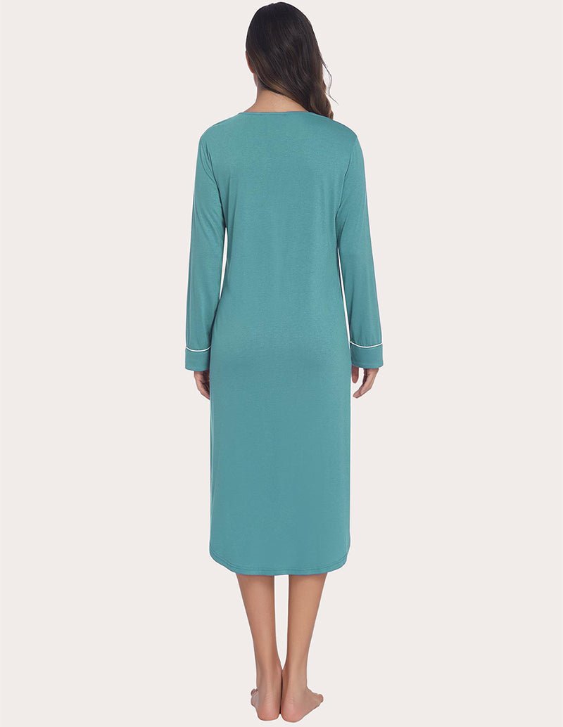 Soft ribbed knit nightgown, teal, back view with long sleeves and contrast trim